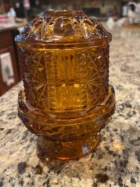 Amber Stars and Bars vintage fairy lamp by Indiana Glass